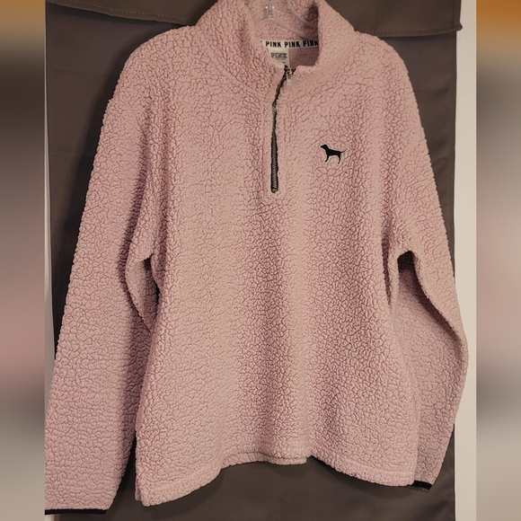 Victoria's Secret PINK Sherpa PINK Quarter Zip Boyfriend Pullover sz L - Picture 2 of 13